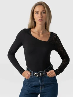 Clearance Saint and Sofia Aimee Cut Out Long Sleeve Tee - Black Lace
