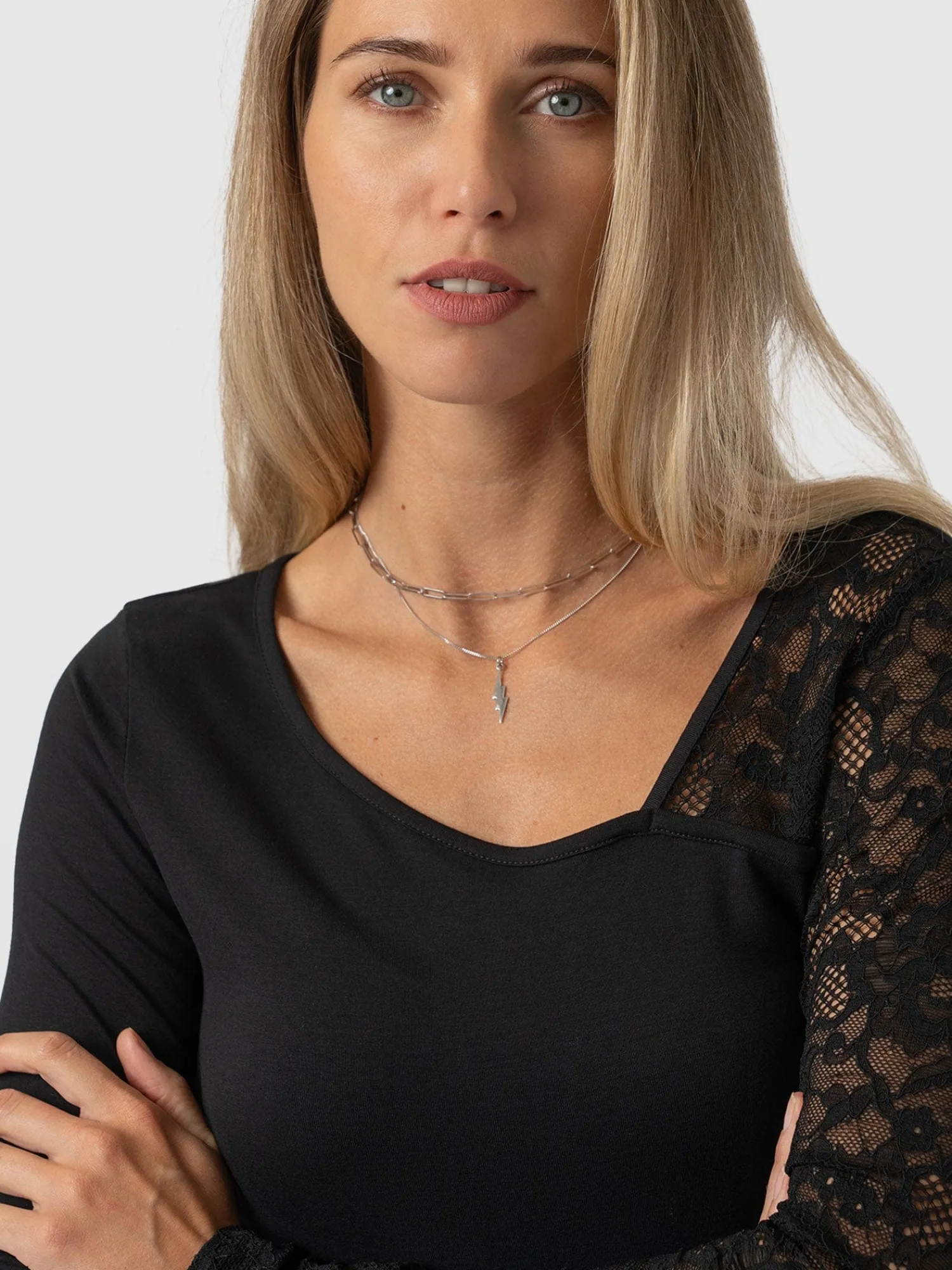Clearance Saint and Sofia Aimee Cut Out Long Sleeve Tee - Black Lace