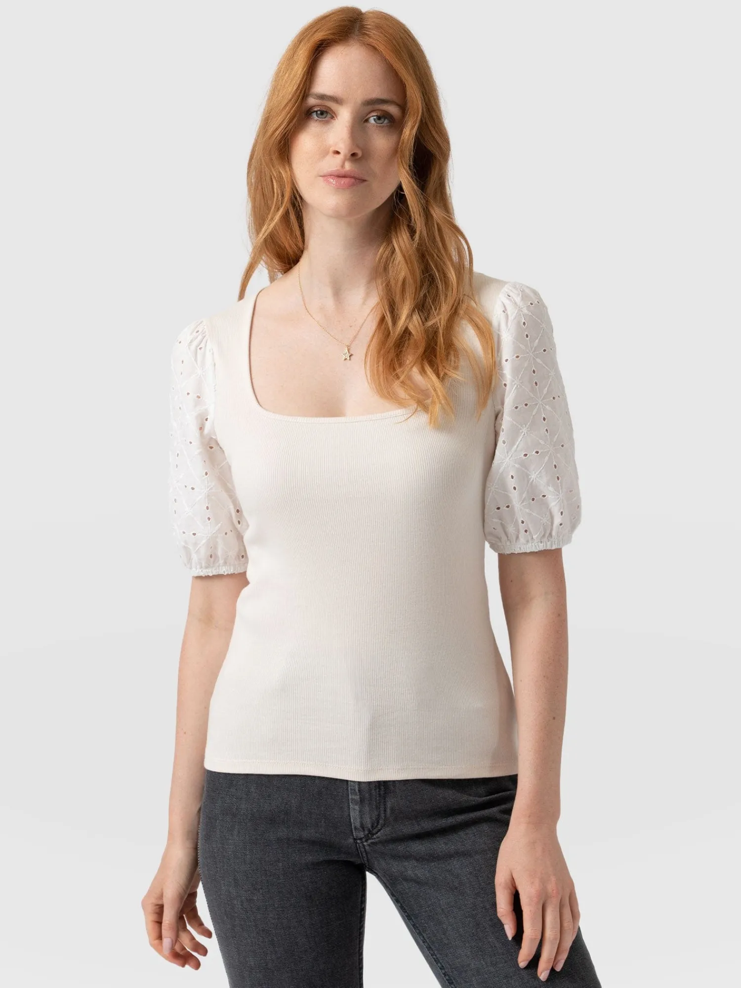 Best Saint and Sofia Cavendish Square Neck Tee - Cream Broderie