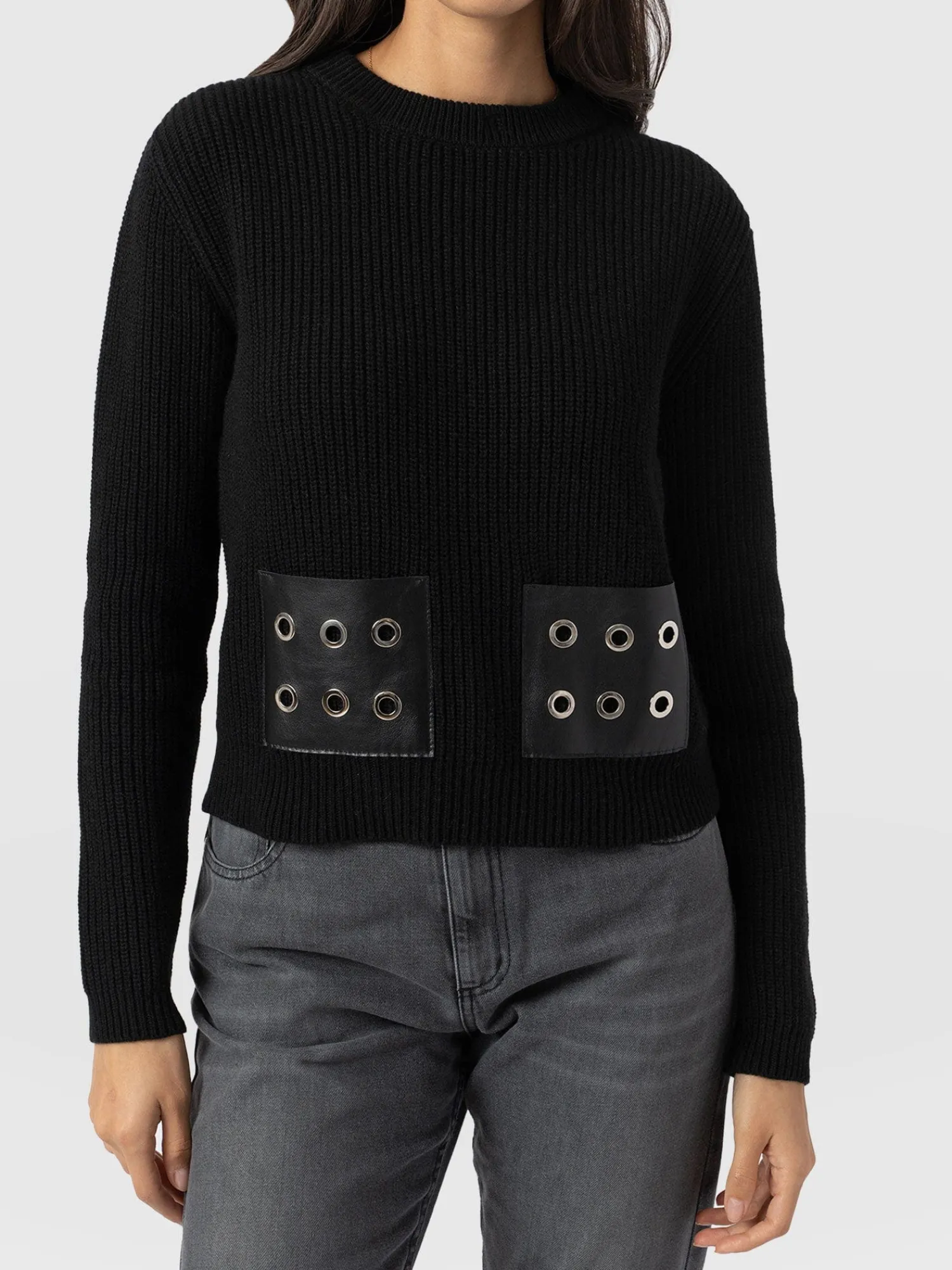 Discount Saint and Sofia Eyelet Rib Knit Sweater - Black