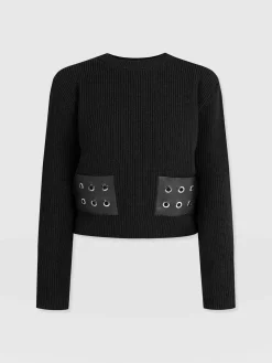 Discount Saint and Sofia Eyelet Rib Knit Sweater - Black