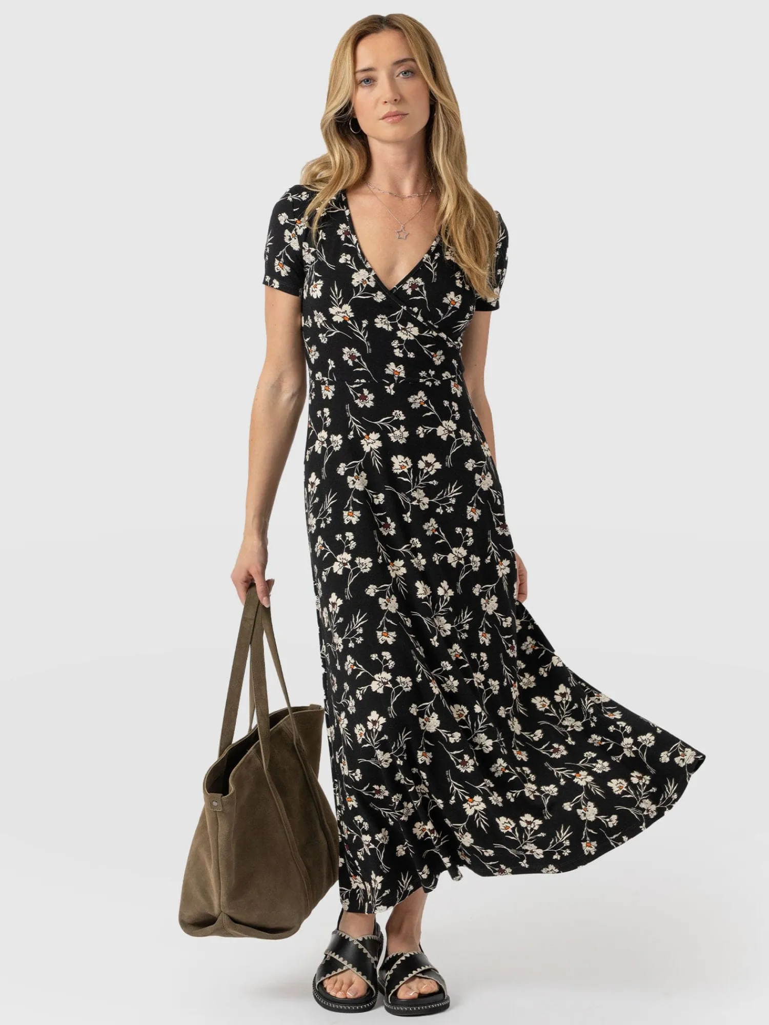 Fashion Saint and Sofia Maggie Wrap Short Sleeve Midi Dress - Black Spring Floral