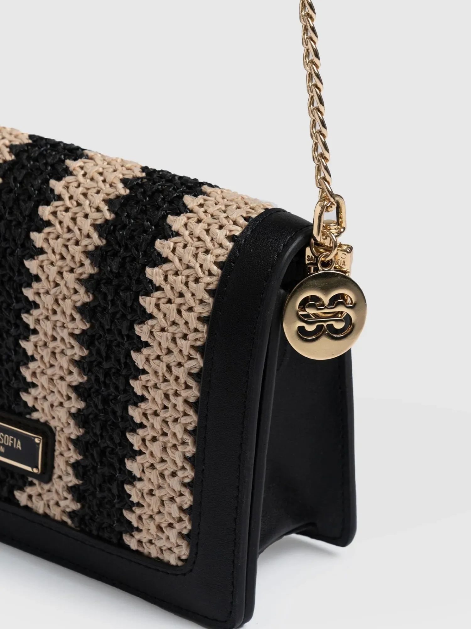 Clearance Saint and Sofia Primrose Wallet on Chain - Beige/Black Raffia