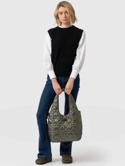 Best Saint and Sofia Quilted Stella Shoulder Tote Bag - Metallic Khaki