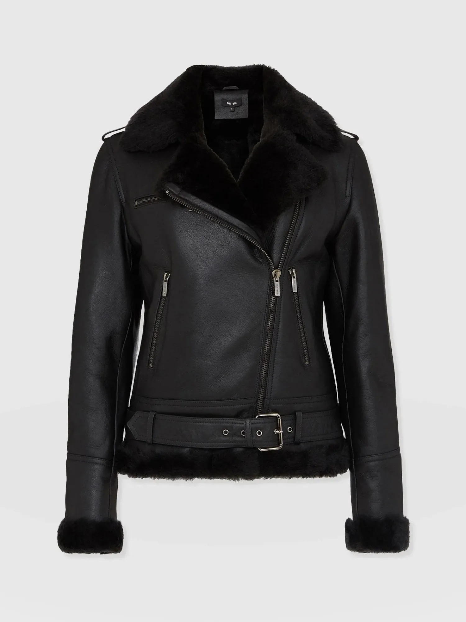 Discount Saint and Sofia Spitfire Shearling Jacket - Black